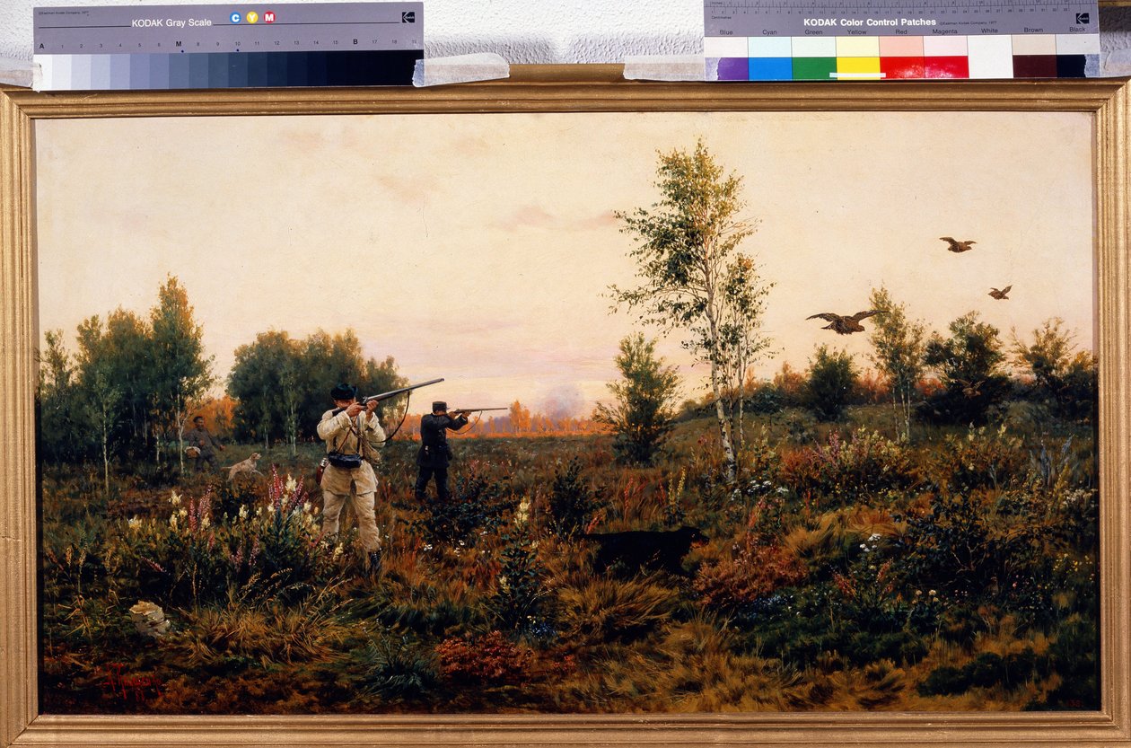 Blackcock Ammunta. Metsästyskohtaus. Aleksei Danilovich Kivshenkon (1851-1895) maalaus öljy kankaalle tekijältä Aleksei Danilovich Kivshenko