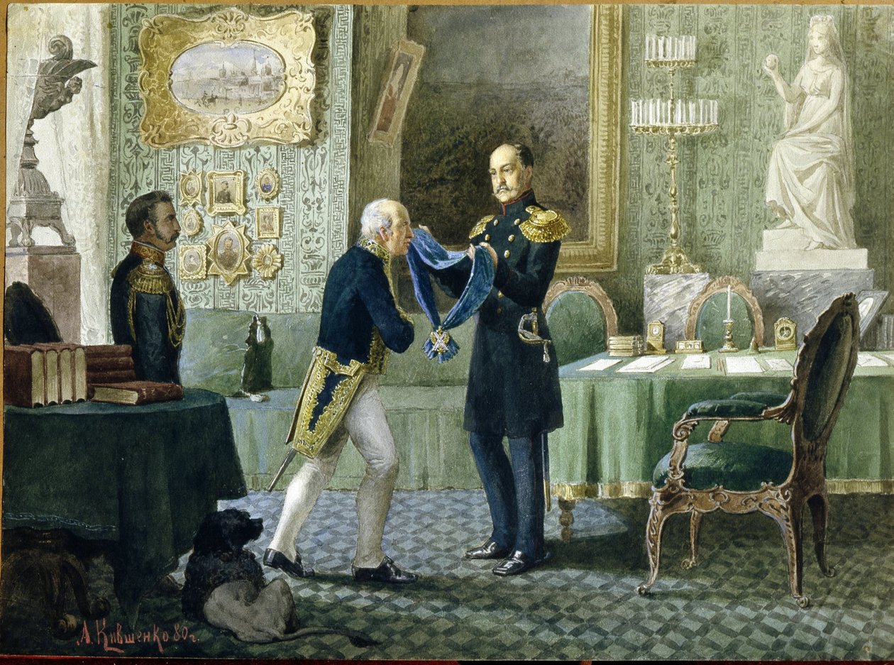 Venäjän keisari Nikolai I (1796-1855) lahjoittaa Pyhän Andrean ritarikunnan Sinisen nauhan kreivi Mihail Speranskille (1772-1839). (Keisari Nikolai I palkitsee Pyhän Andreaksen ritarikunnan sinisen nauhan kreivi Michail Speranskylle). Aleksei Danilovichin  tekijältä Aleksei Danilovich Kivshenko