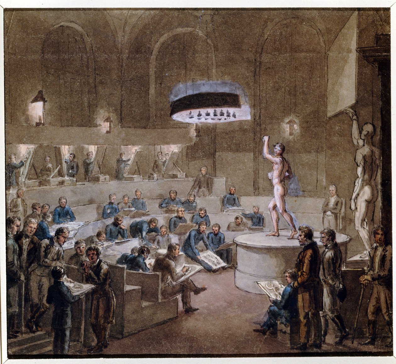 Eläviin malleihin perustuvat oppitunnit Taideakatemiassa (Taideakatemian malliluokka). Aleksei (Alexis) Gavrilovich Venetsianovin (1780-1847) työ, akvarelli paperille tekijältä Aleksei Gavrilovich Venetsianov