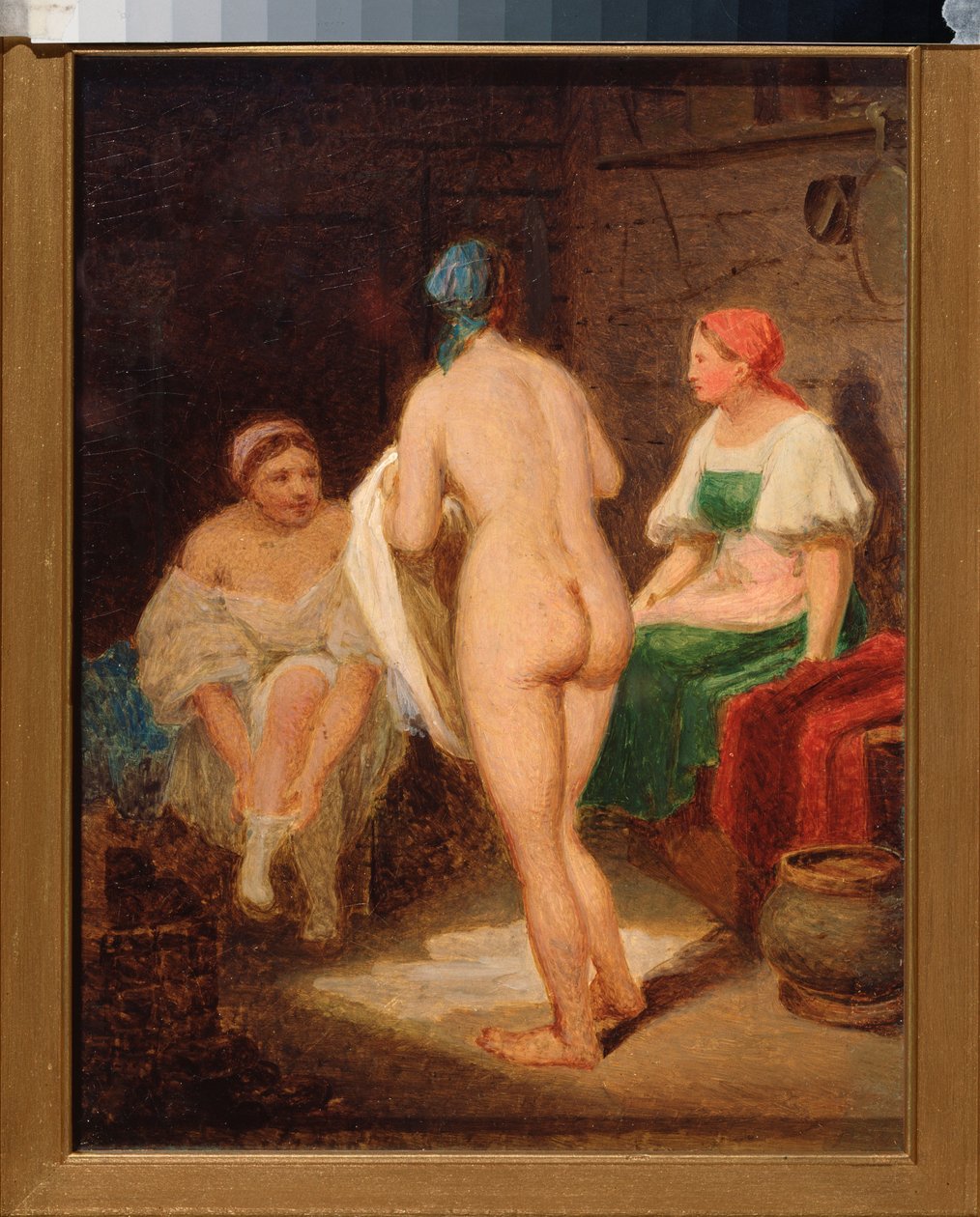 Dans le bain devapor (Höyrysaunassa) - Aleksei Gavrilovich Venetsianovin (1780-1847) teos, öljy pahville, 1820 loppu, venäläinen taide 1800-luku, romantismi - Valtion Tretjakovin galleria, Moskova tekijältä Aleksei Gavrilovich Venetsianov