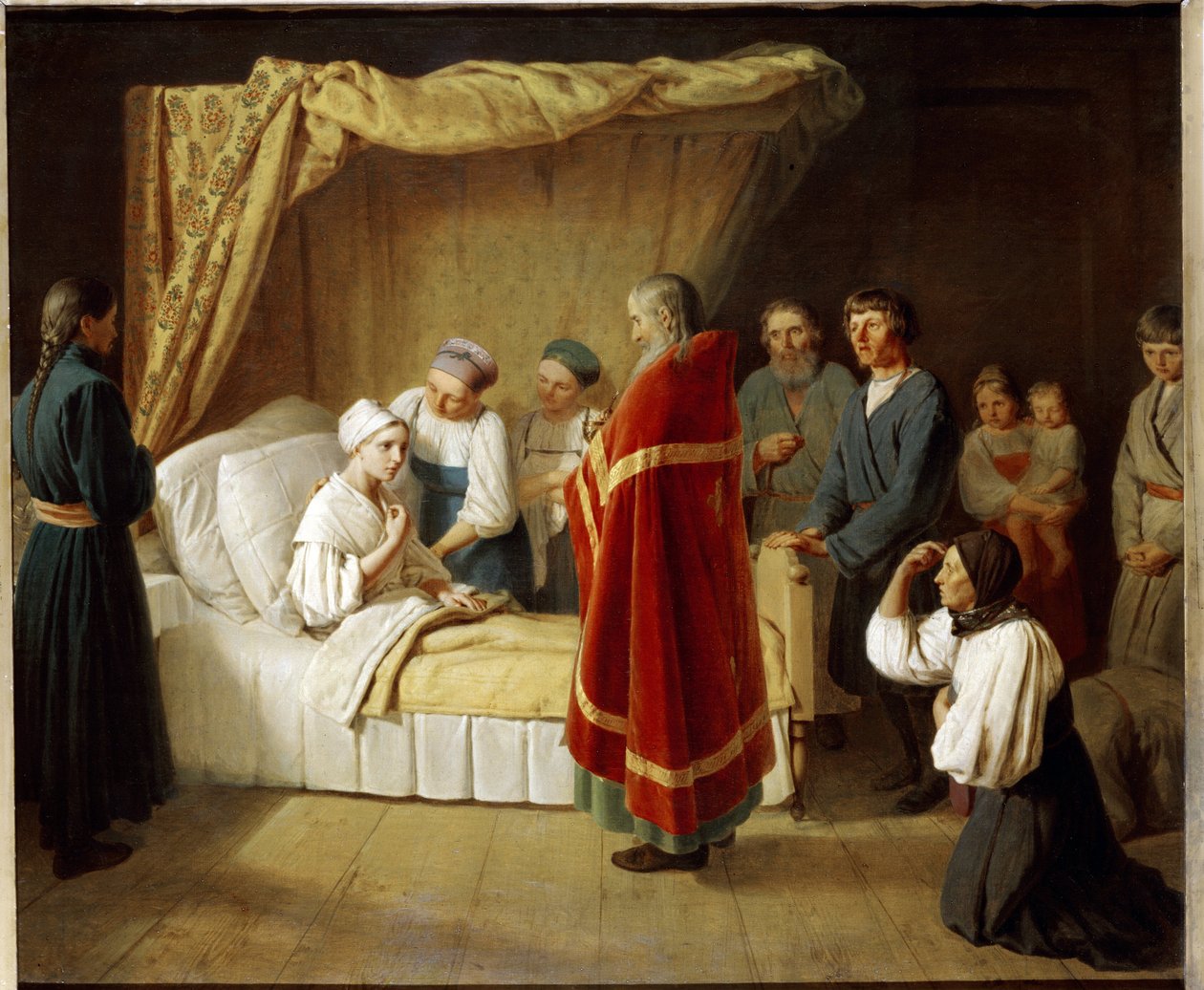 Eukaristia kuolevaisille. Ortodoksisen kirkon pappi tulee sairaan naisen sängyn viereen antamaan tälle liturgisen sakramentin, perheenjäsenten ympäröimänä. Aleksei (Alexis) Gavrilovich Venetsianovin maalaus ( tekijältä Aleksei Gavrilovich Venetsianov