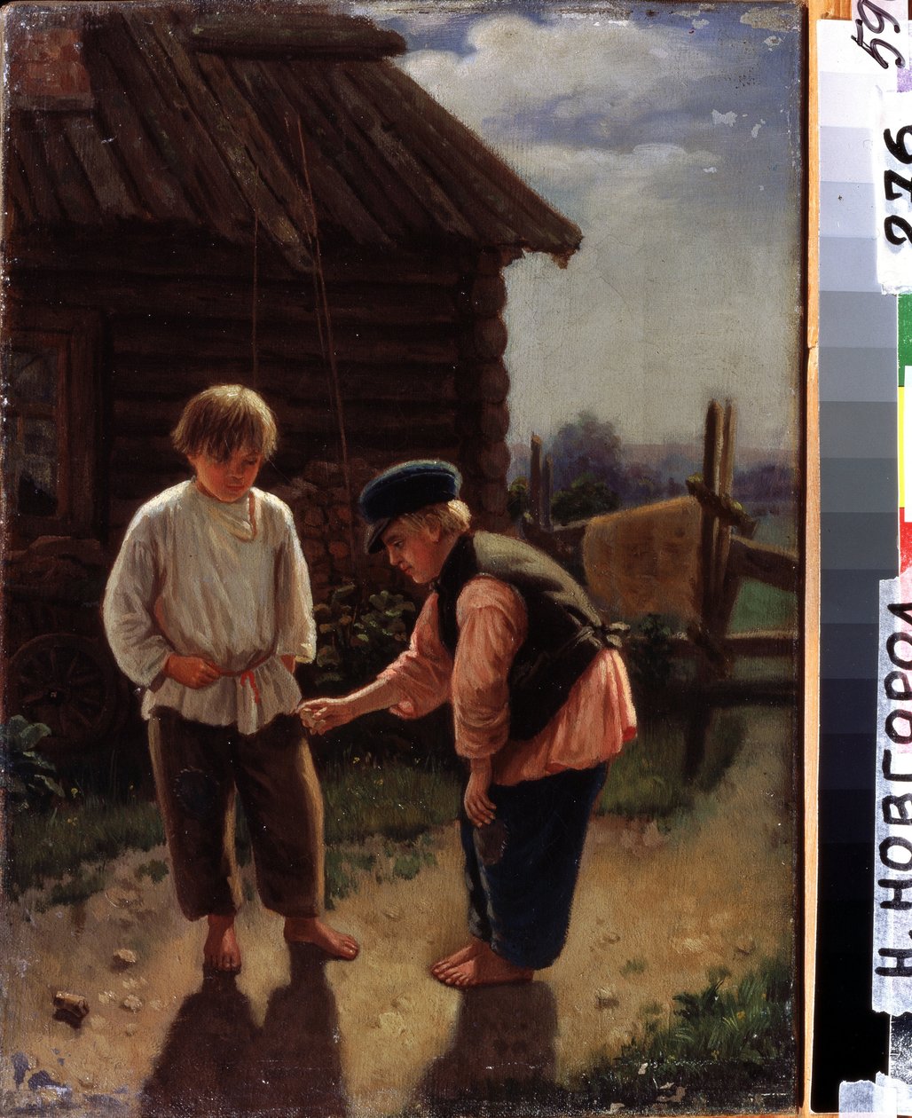 Pelaa Knucklebonesia. Kaksi avojaloin lasta leikkii pihalla puutalon edessä maaseudulla. Aleksei Ivanovitš Korzukhinin (1835-1894) maalaus öljy kankaalle. 1800-luvun venäläinen taide. Valtion taidemuseo, Nižni Novgorod (R tekijältä Aleksei Ivanovich Korzukhin