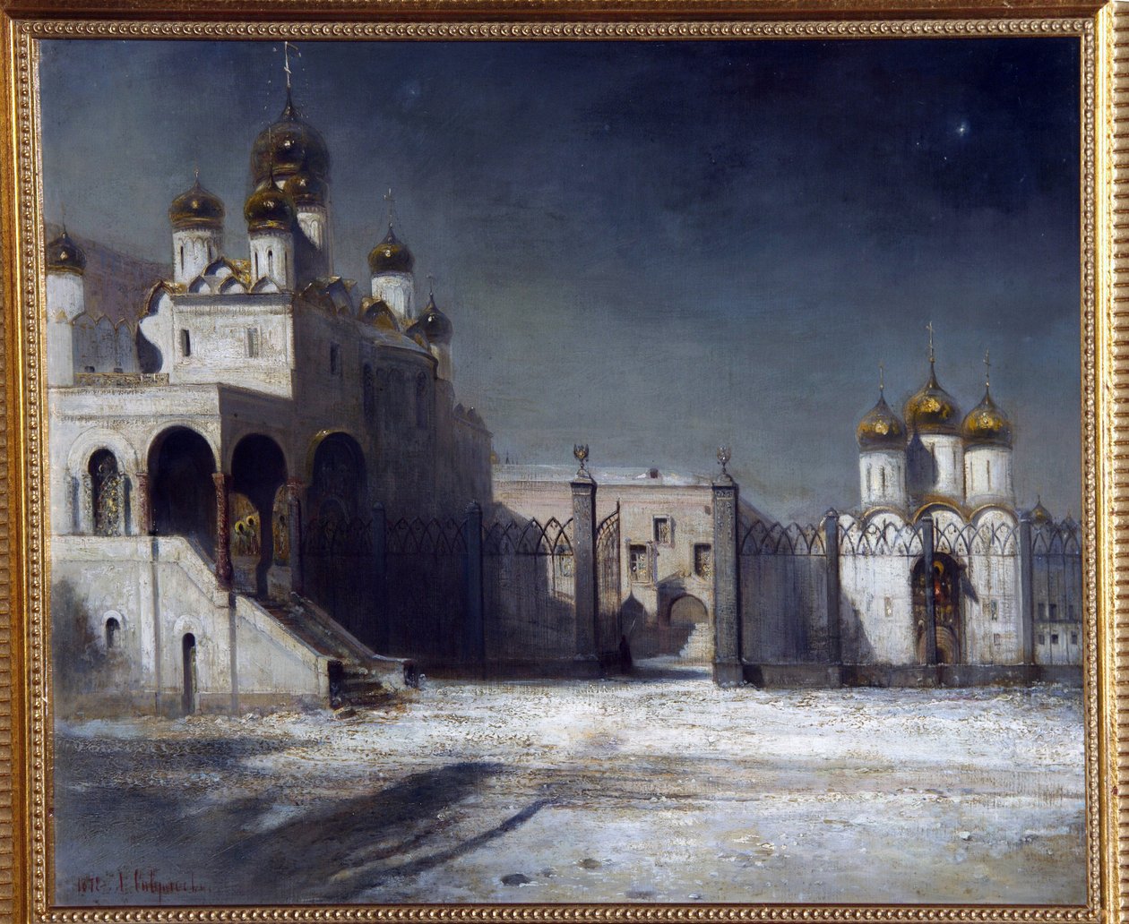 Katedraaliaukio Moskovan Kremlissä yöllä. (Moskovan Kremlin katedraaliaukio yöllä). Aleksei Kondratjevitš Savrasov (Savrasov) (1830-1897) maalaus, öljy kankaalle tekijältä Alexei Kondratjewitsch Sawrassow