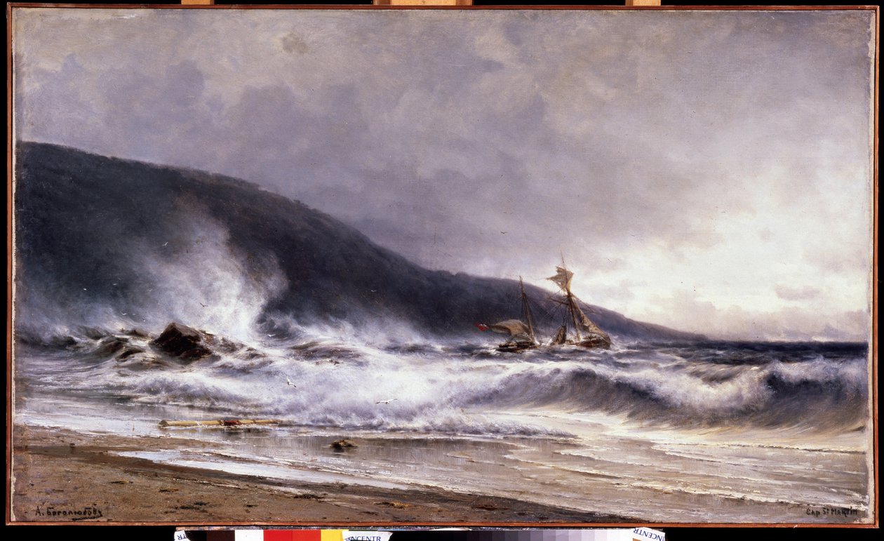 Ecume a Cap Martin (Ranska) (Surffaa Cap Martinissa). Aleksei Petrovitš Bogolyubovin (Bogoliubov tai Bogolioubov) maalaus (1824-1896). Öljy kankaalle tekijältä Aleksei Petrovich Bogolyubov