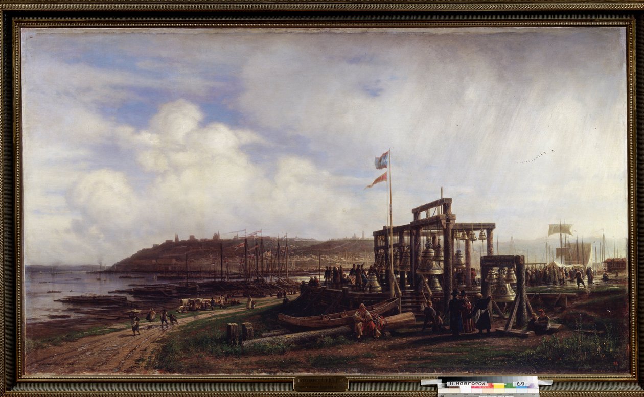Nižni Novgorodin markkinat, kellojen myyjä. (Nižni Novgorodin markkinat, kellokojujen rivi). Aleksei Petrovitš Bogolyubovin (Bogoliubov tai Bogolioubov) maalaus (1824-1896). Öljy kankaalle tekijältä Aleksei Petrovich Bogolyubov