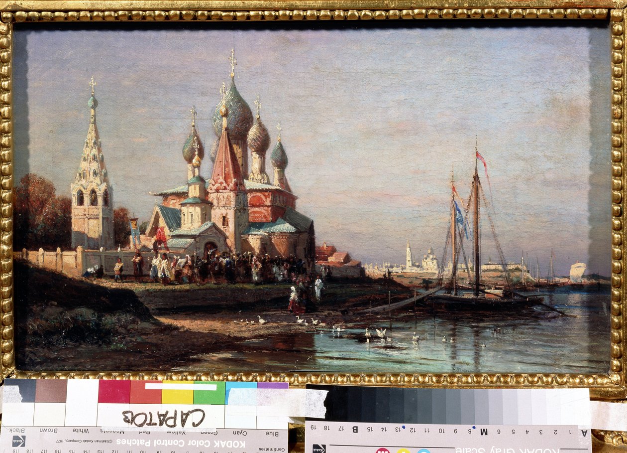 Pääsiäiskulkue Jaroslavissa (Venäjä). Aleksei Petrovitš Bogolyubovin (Bogoliubov tai Bogolioubov) maalaus (1824-1896). Öljy kankaalle, 34,5 x 25,6 cm tekijältä Aleksei Petrovich Bogolyubov