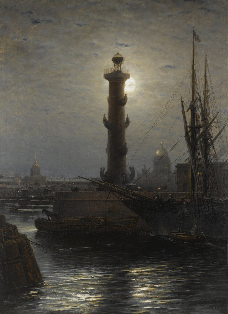 Rostral-pylväs lähellä Pörssiä Pietarissa, 1878 tekijältä Aleksei Petrovich Bogolyubov