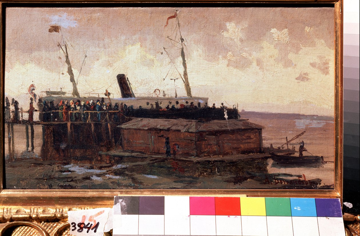 ""Näkymä höyrylaivasta sataman laiturissa"" Aleksei Petrovitš Bogoljubovin (Bogoliubov tai Bogoliubovin) maalaus (1824-1896) 1874 Valtion United Art Museum, Kostroma, Venäjä tekijältä Aleksei Petrovich Bogolyubov