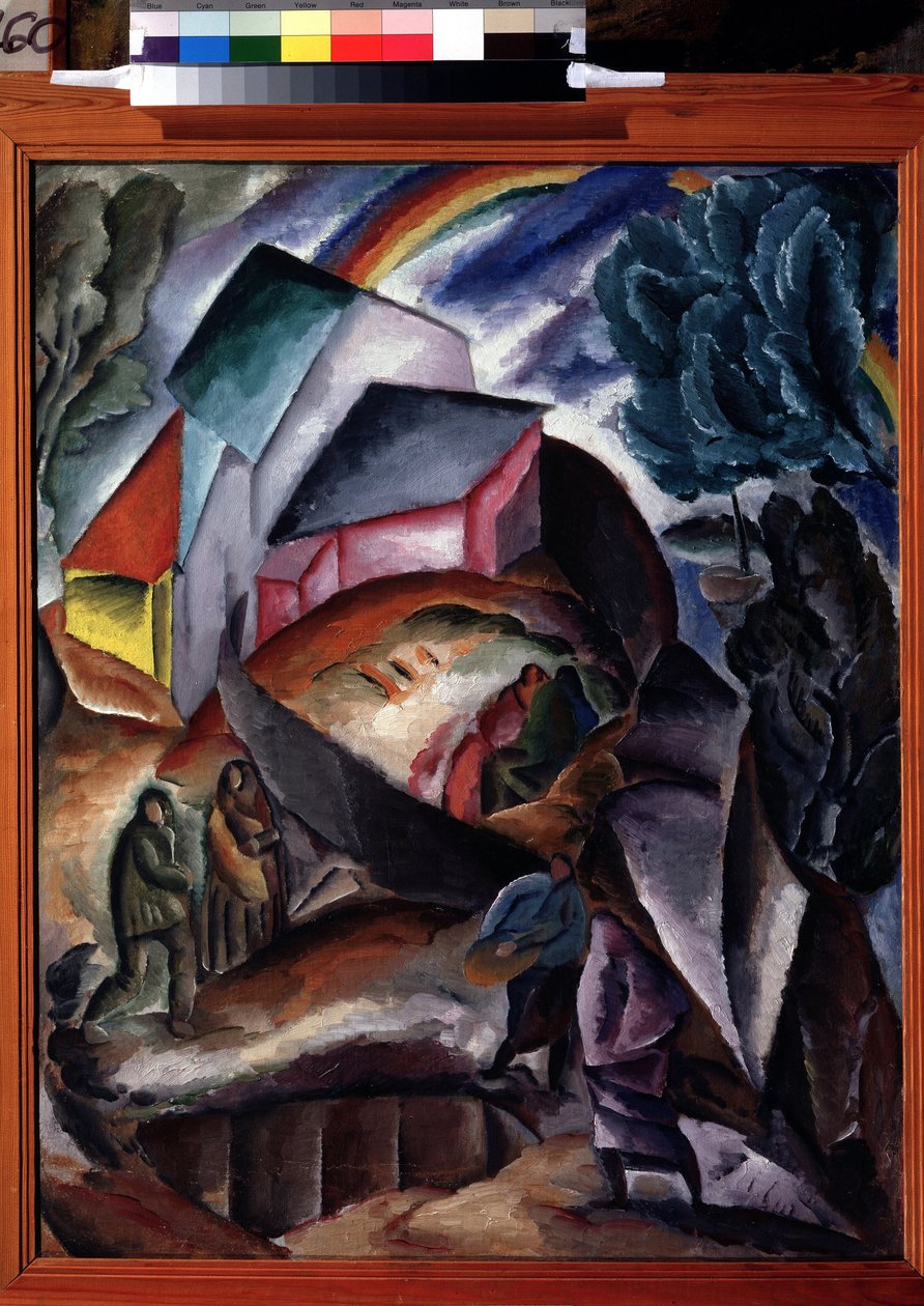 Sateenkaari. Vuoristomaisema, jossa on kylä ja hahmoja, sateenkaaren päällä. Aleksei Iljitš Kravtšenkon (1889-1940) maalaus, öljy kankaalle, noin 1920. Venäläinen avantgarde, 1900-luvun alun maisema. Valtion Tretjakovin galleria, tekijältä Aleksey Kravchenko
