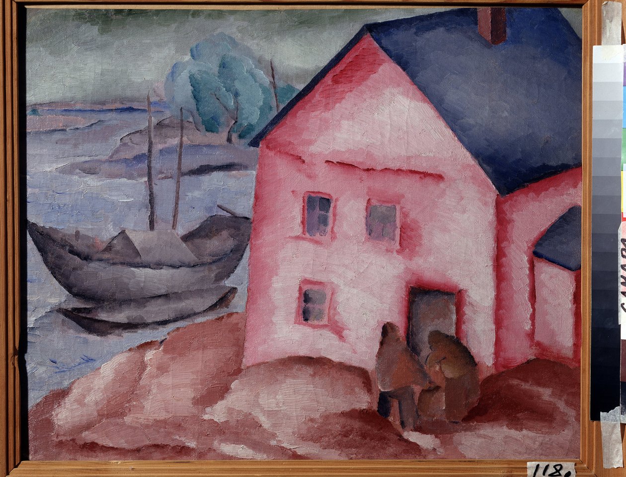 Vaaleanpunainen talo lähellä jokea (A Pink House at the River). Parin, veneen ja ankkuroituneen veneen kanssa. Aleksei Ilyich Kravchenkon (1889-1940) maalaus öljy kankaalle tekijältä Aleksey Kravchenko