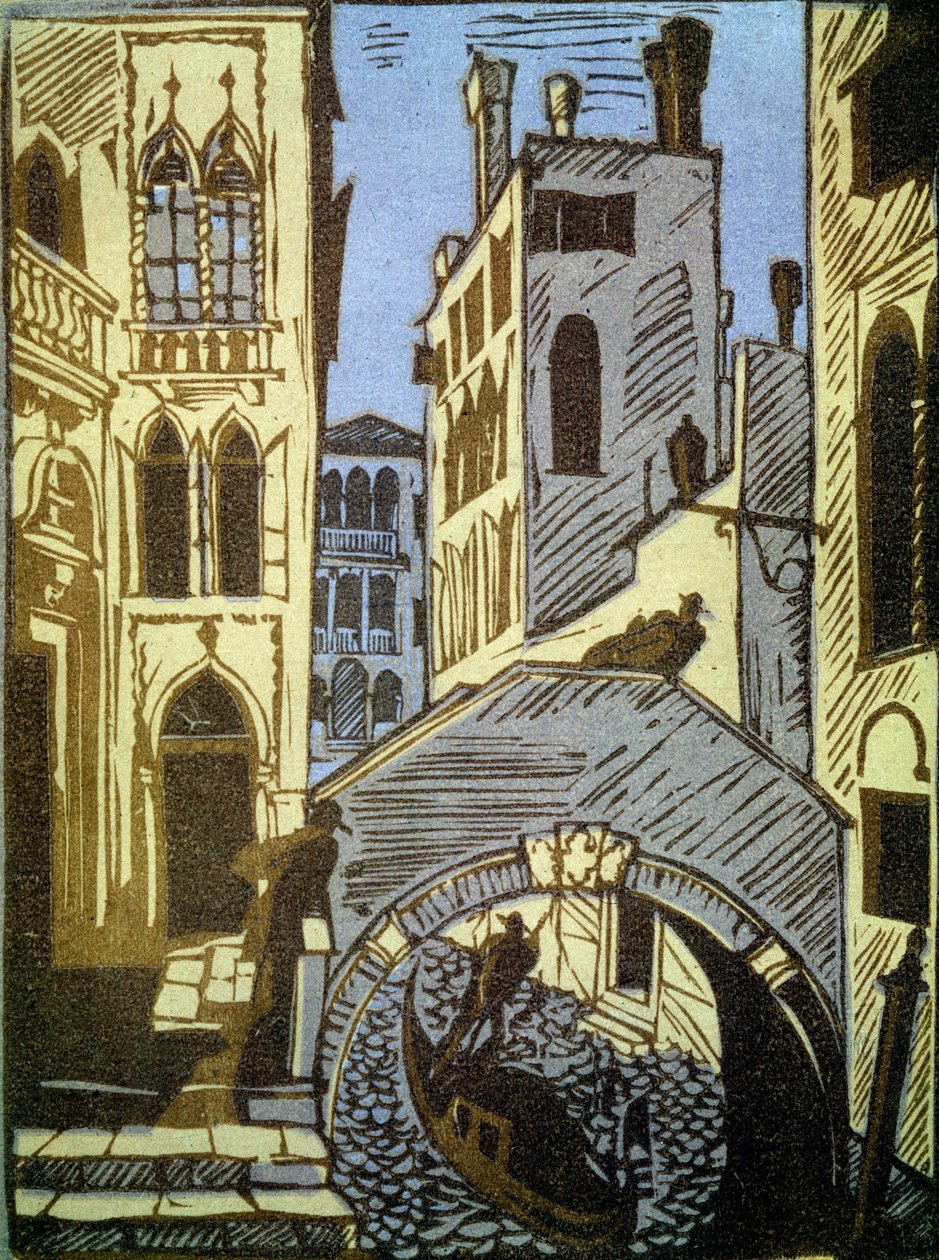 Venetsia, Italia (Venetsia). Kanava, gondoli, silta ja kaupungin julkisivut. Aleksei Iljitš Kravtšenkon (1889-1940) teos, puupiirros. Venäläinen taide, 1800-1900-luvun maisema. Valtion Tretjakovin galleria, Moskova. (Venäjä). tekijältä Aleksey Kravchenko
