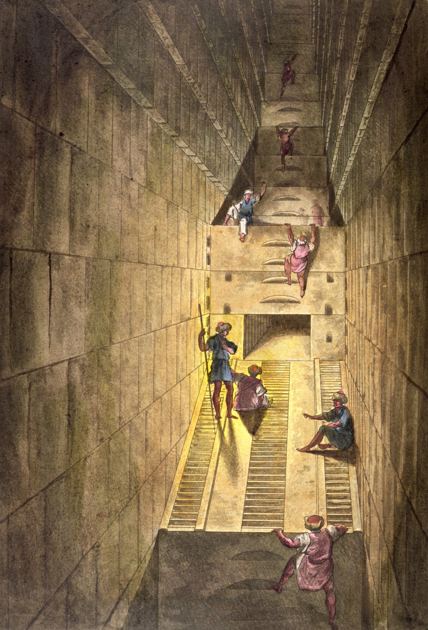 Gizan suuren pyramidin tutkiminen, Jules Ferrarion teoksesta "Le Costume Ancien et Moderne", kaivertaja Gaetano Zancon (1771-1816). tekijältä Alessandro Sanquirico