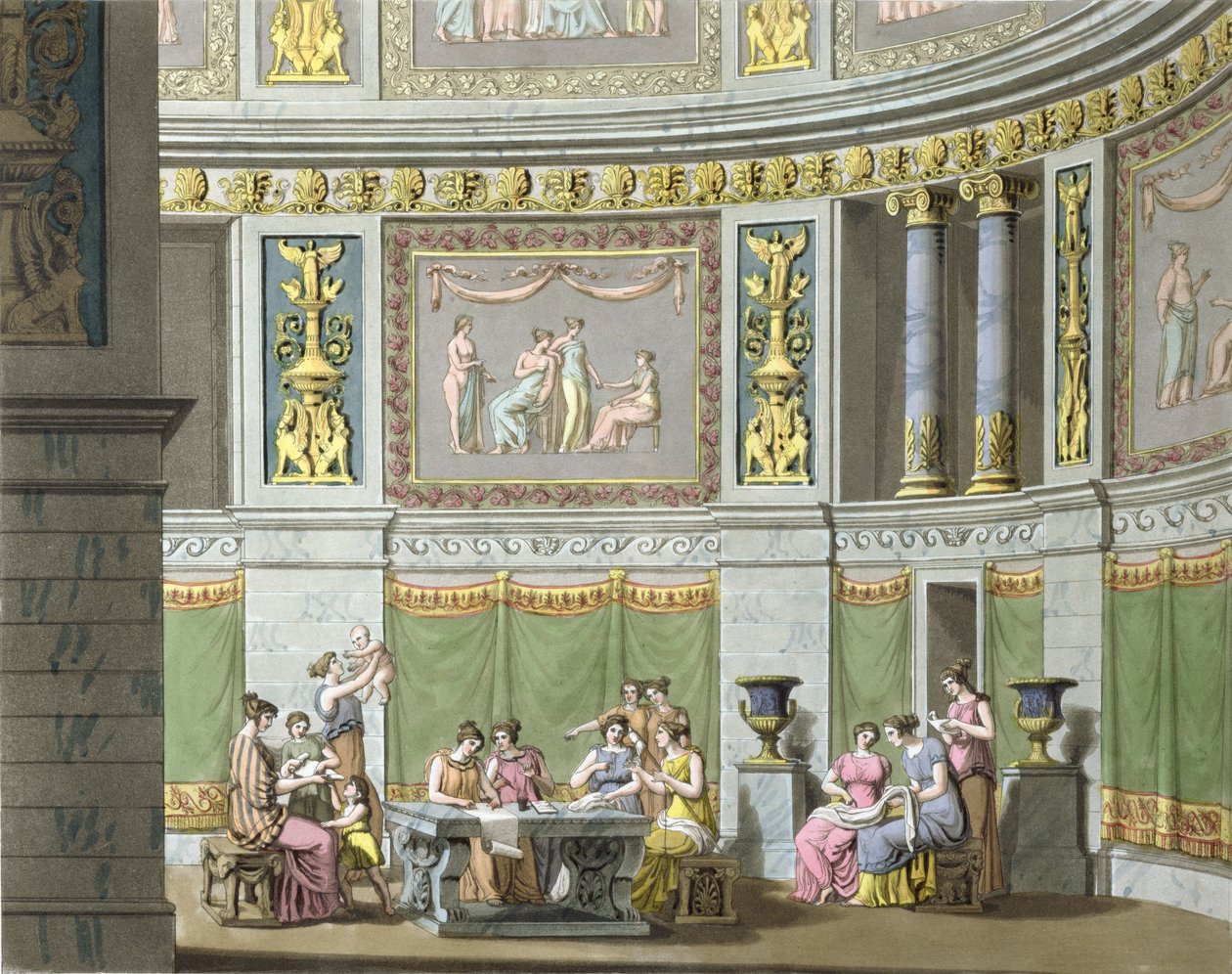 Gynaeceum, Jules Ferrarion teoksesta "Le Costume Ancien et Moderne", n. 1825 tekijältä Alessandro Sanquirico