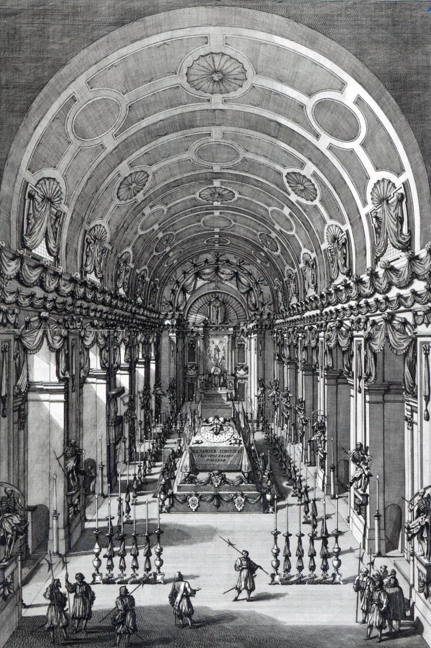Aleksanteri Sobieskin makaaminen Kapusiinien kirkossa Roomassa, kaivertanut Francesco Faraone Aquila, 1714 tekijältä Alessandro Specchi