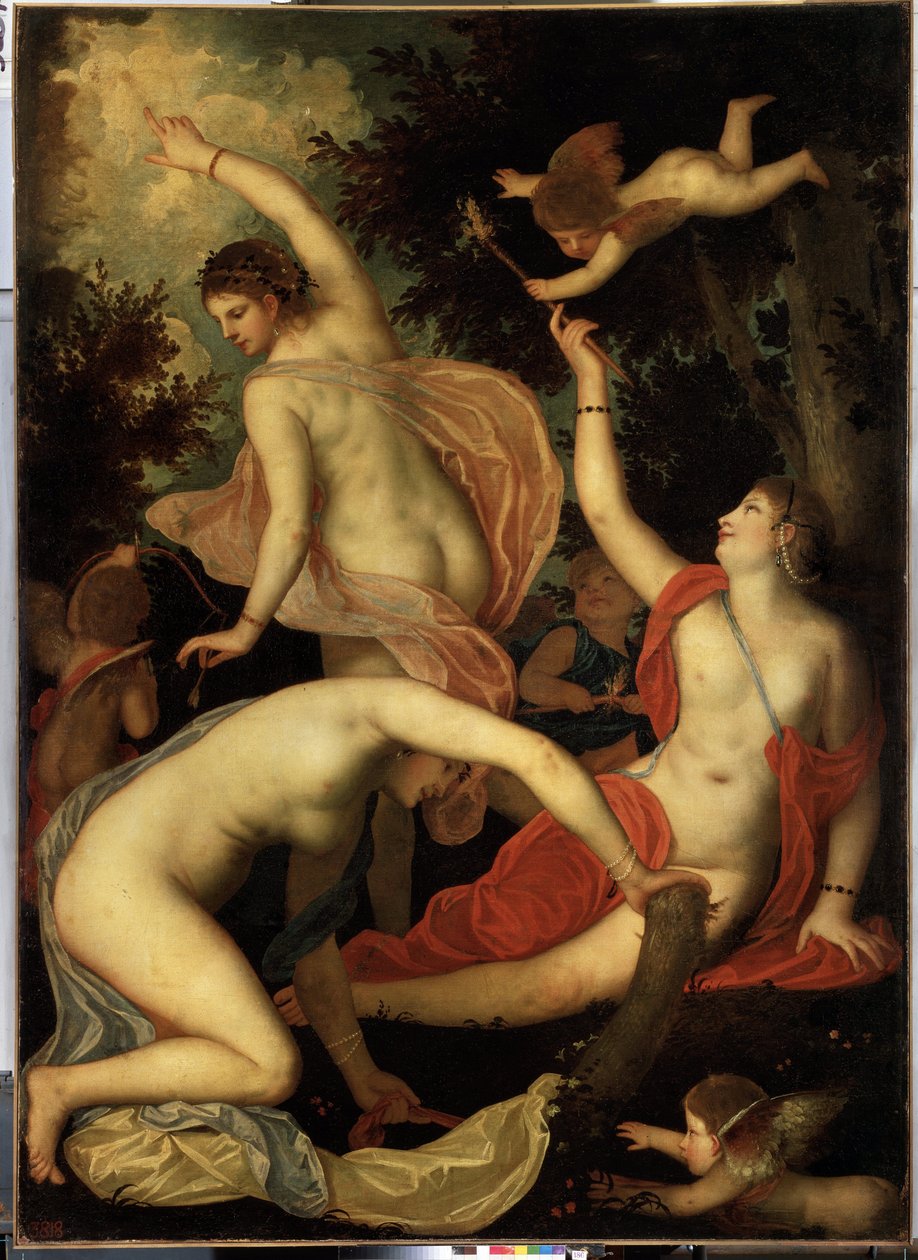 Graces ja Cupid (Graces ja Cupid). Alessandro Varotarin maalaus, joka tunnetaan nimellä Il Padovanino (1588-1649). Venetsialainen taide, manierismi. Öljy kankaalle. Eremitaaši, Pietari tekijältä Alessandro Varotari