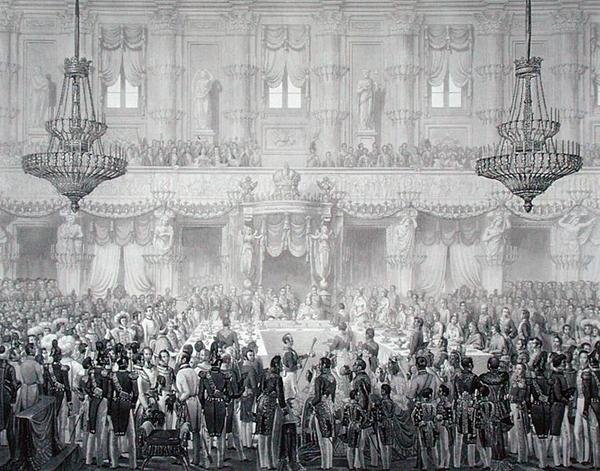 Valtiojuhla Ferdinand I:n (1793-1875) kruunajaisten kunniaksi tekijältä Alessandro (after) Sanquirico