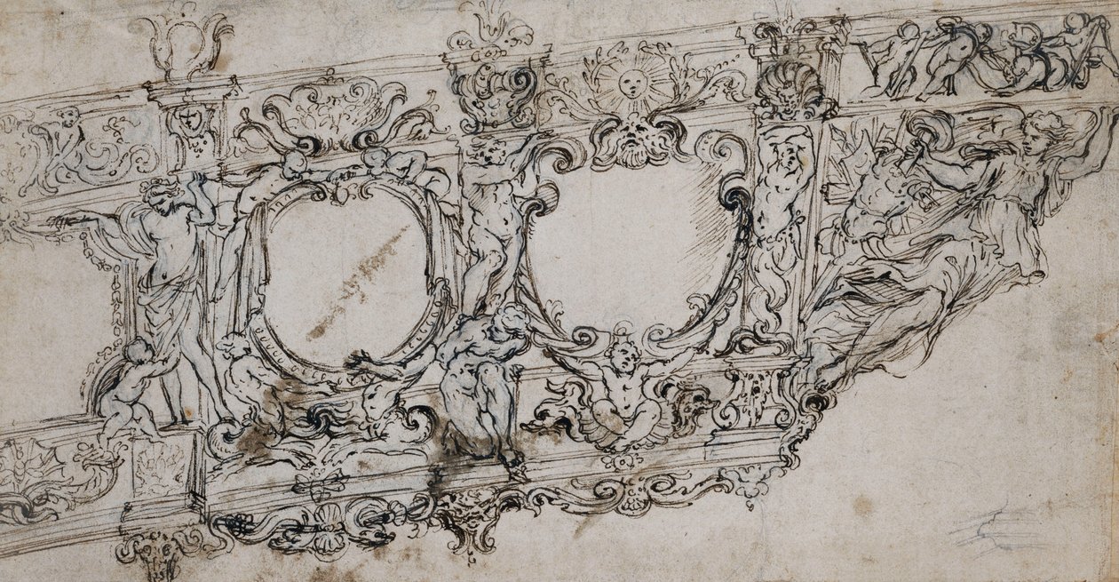 Suunnitelma paavi Urbanus VIII:n gallerian varrelle: mehiläisten ja auringon Barberini-käsivarret, Ignudi, Tritonit, hippokampit, putti ja voiton allegooria hahmona kirjainten alla VRBA In tekijältä Alessandro Algardi