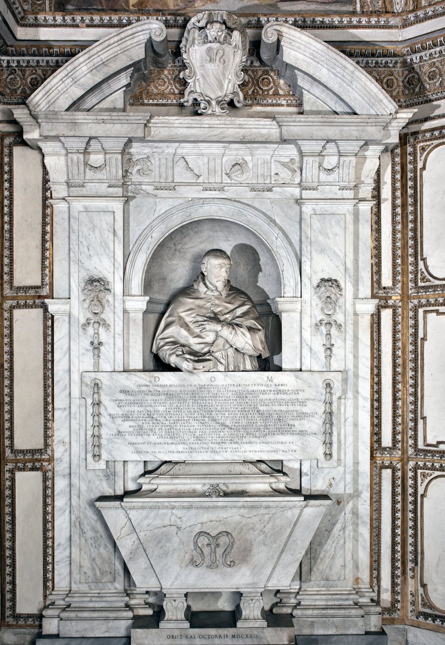 Hautausmuistomerkki kardinaali Giovanni Garcia Mellinin kunniaksi, muotokuva rintakuvassa Alessandro Algardin (1598-1654) marmoriveistos 1630 Rooman Santa Maria del Popolon basilikan ympärillä, Cappella Mellini tekijältä Alessandro Algardi