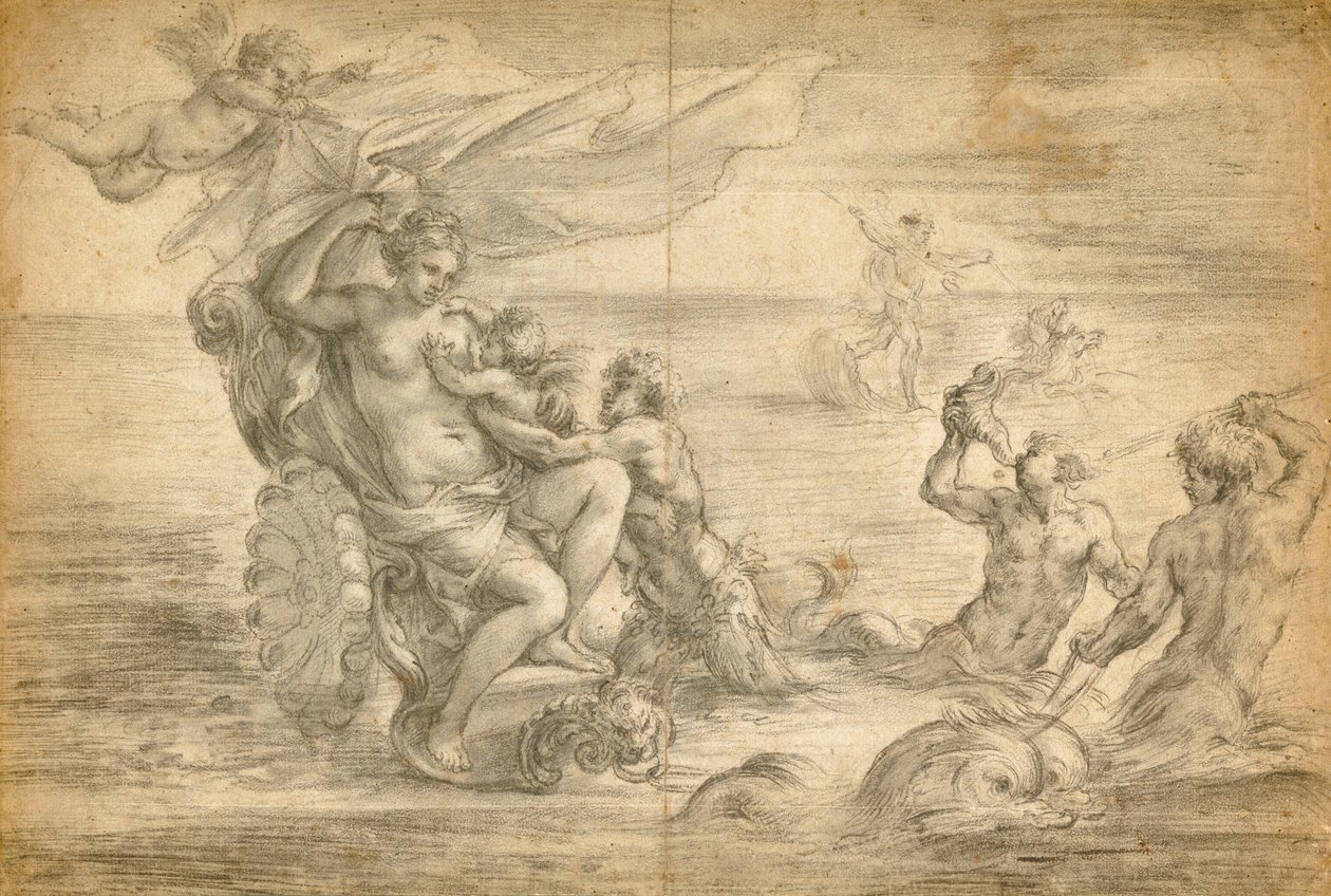 Venus istuu merivaunuissaan imemässä Amoriinsa tekijältä Alessandro Algardi