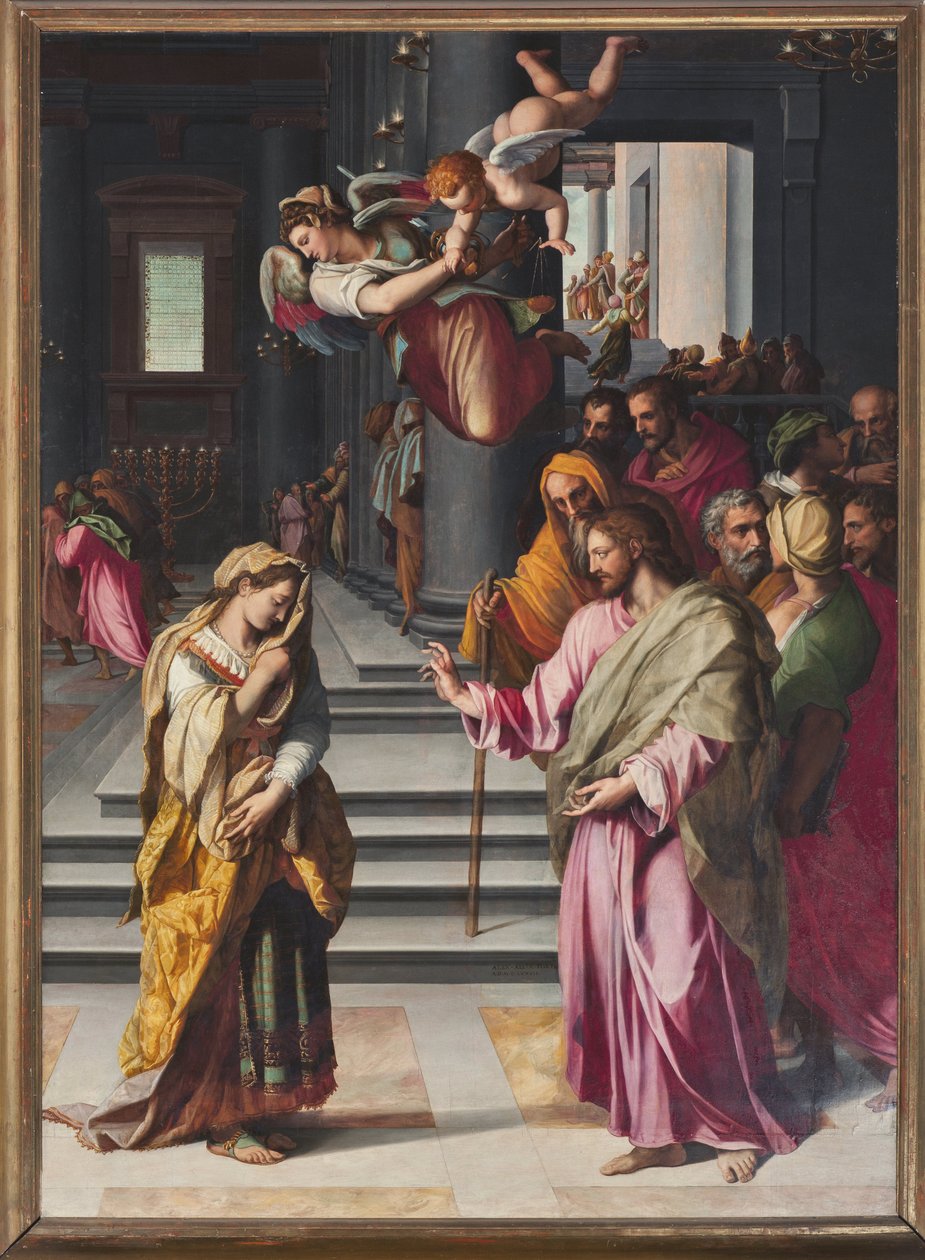Jeesus ja aviorikokseen otettu nainen (maalaus tekijältä Alessandro Allori
