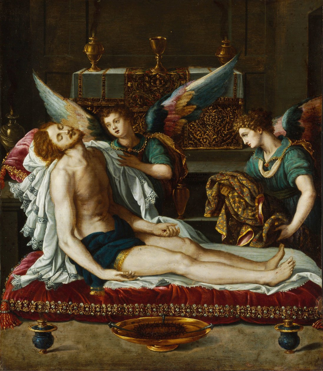 Le Corps du Christ oint par deux anges - Kahden enkelin voitelema Kristuksen ruumis - Allori, Alessandro (1535-1607) - noin 1593 - Öljy kuparille - 45x39 - Szepmuveszeti Muzeum, Budapest tekijältä Alessandro Allori