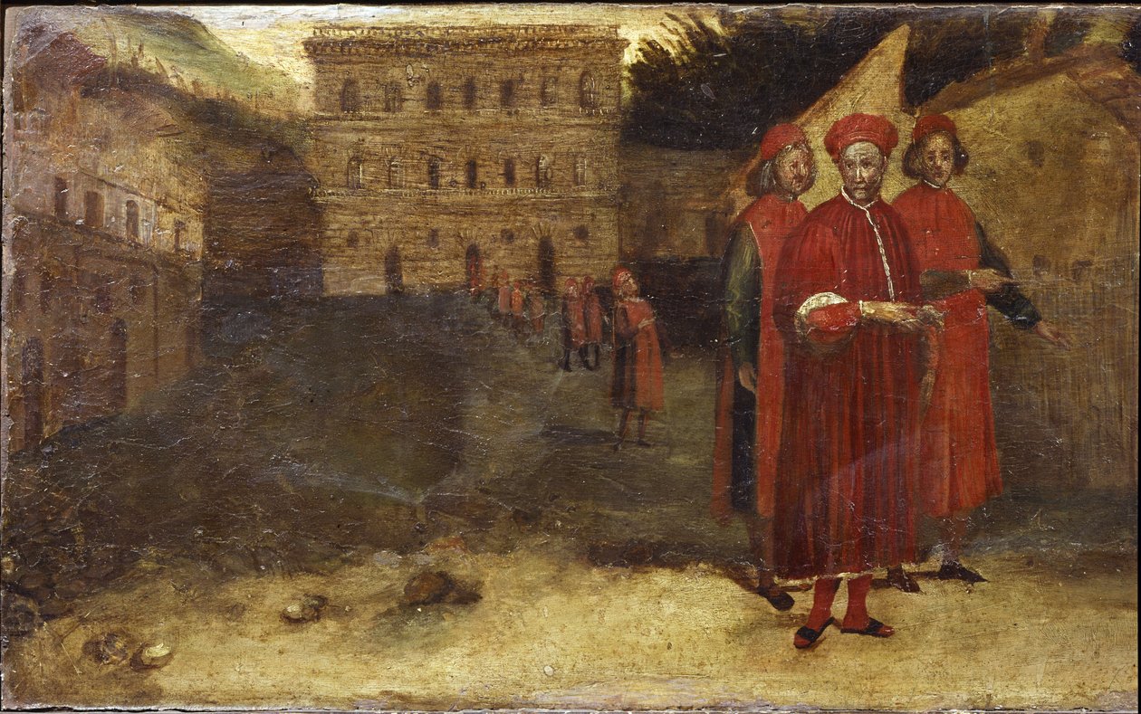 Luca Pitti italialainen pankkiiri palatsinsa edessä (Palazzo Pitti) tekijältä Alessandro Allori