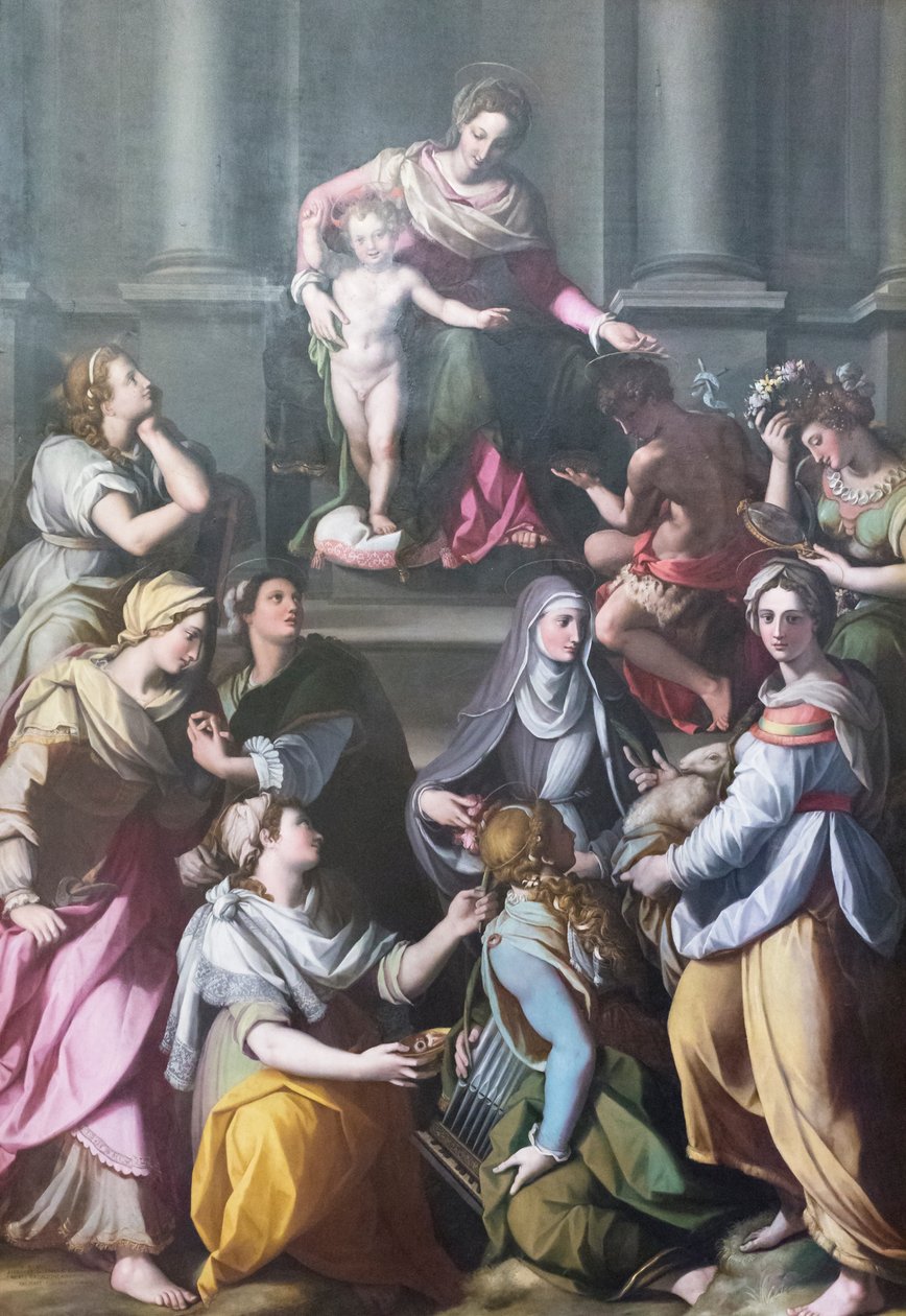 Madonna istuu valtaistuimella Childin kanssa pyhimysten ja hahmojen ympäröimänä tekijältä Alessandro Allori