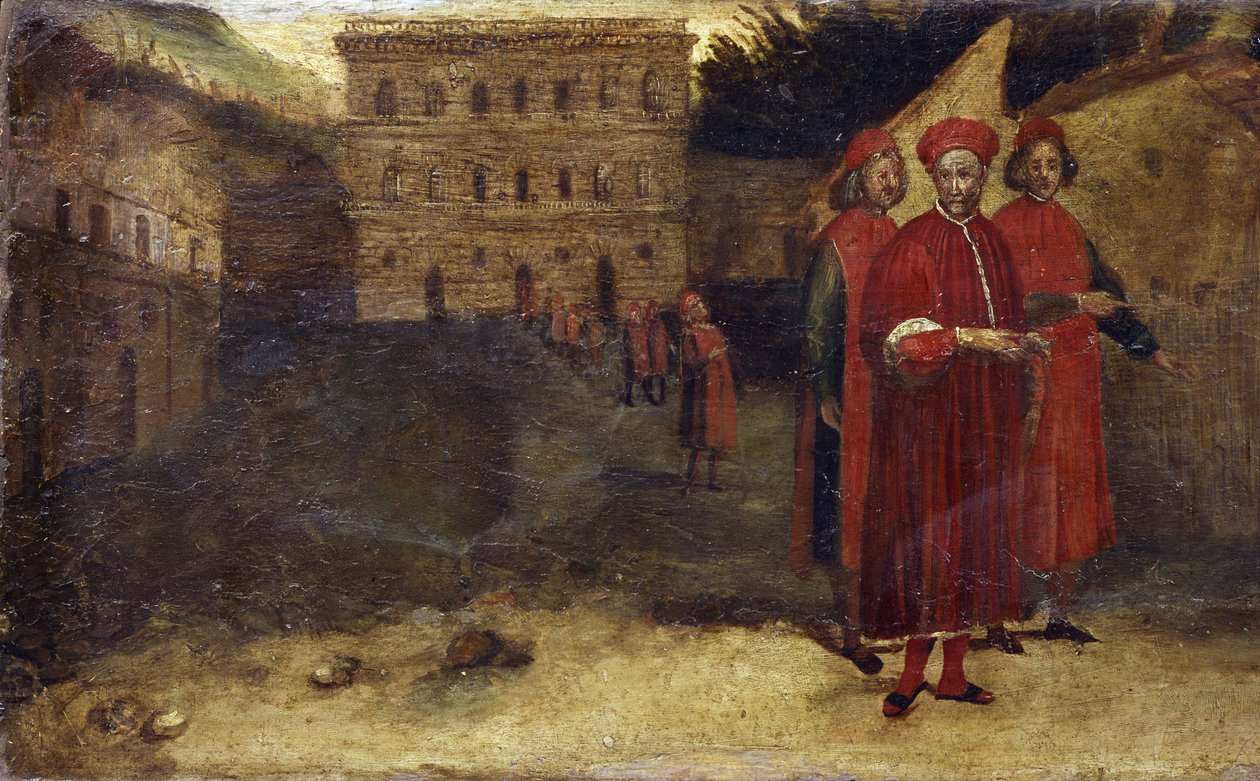 Pyhät marttyyrit, yksityiskohta predellasta, taustalla Pitti-palatsin (Palazzo) kuva. Alessandro Allorin (1535-1607) maalaus. tekijältä Alessandro Allori