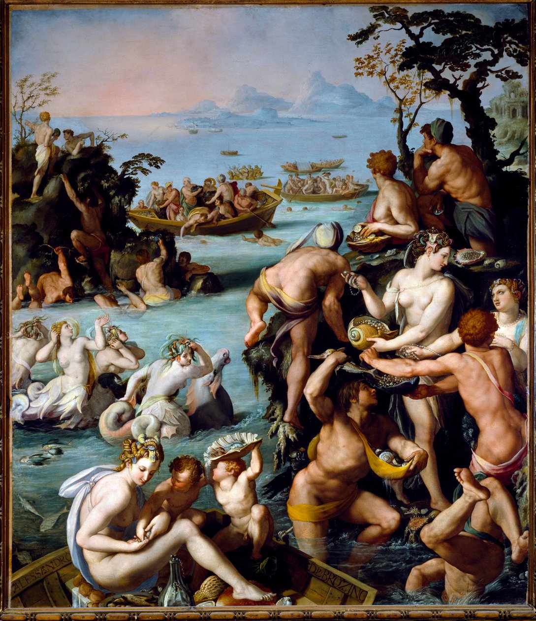 The Pearl Fishermen, n. 1570-1573 (öljy liuskekivellä) tekijältä Alessandro Allori