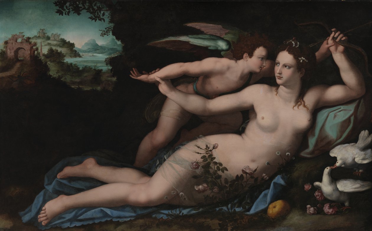 Venus riisuu Cupidon aseista tekijältä Alessandro Allori