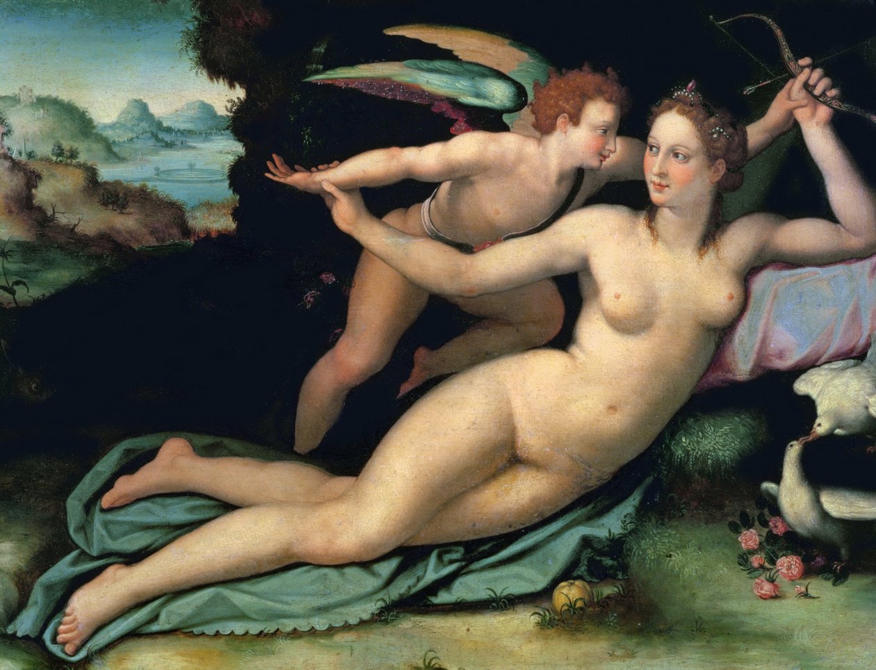 Venus ja Amor, Allori, Alessandro (1535-1607). Öljy puulle, Mitat: 29x38. Uffizi-galleria, Firenze tekijältä Alessandro Allori