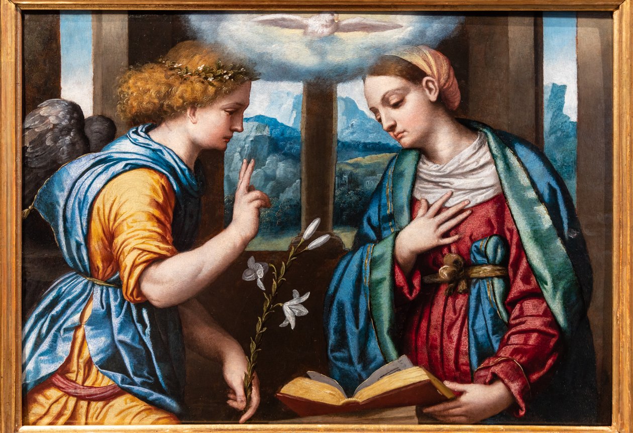 Annunciation, n. 1535-40 (öljy paneelille) tekijältä Alessandro Bonvicino Moretto