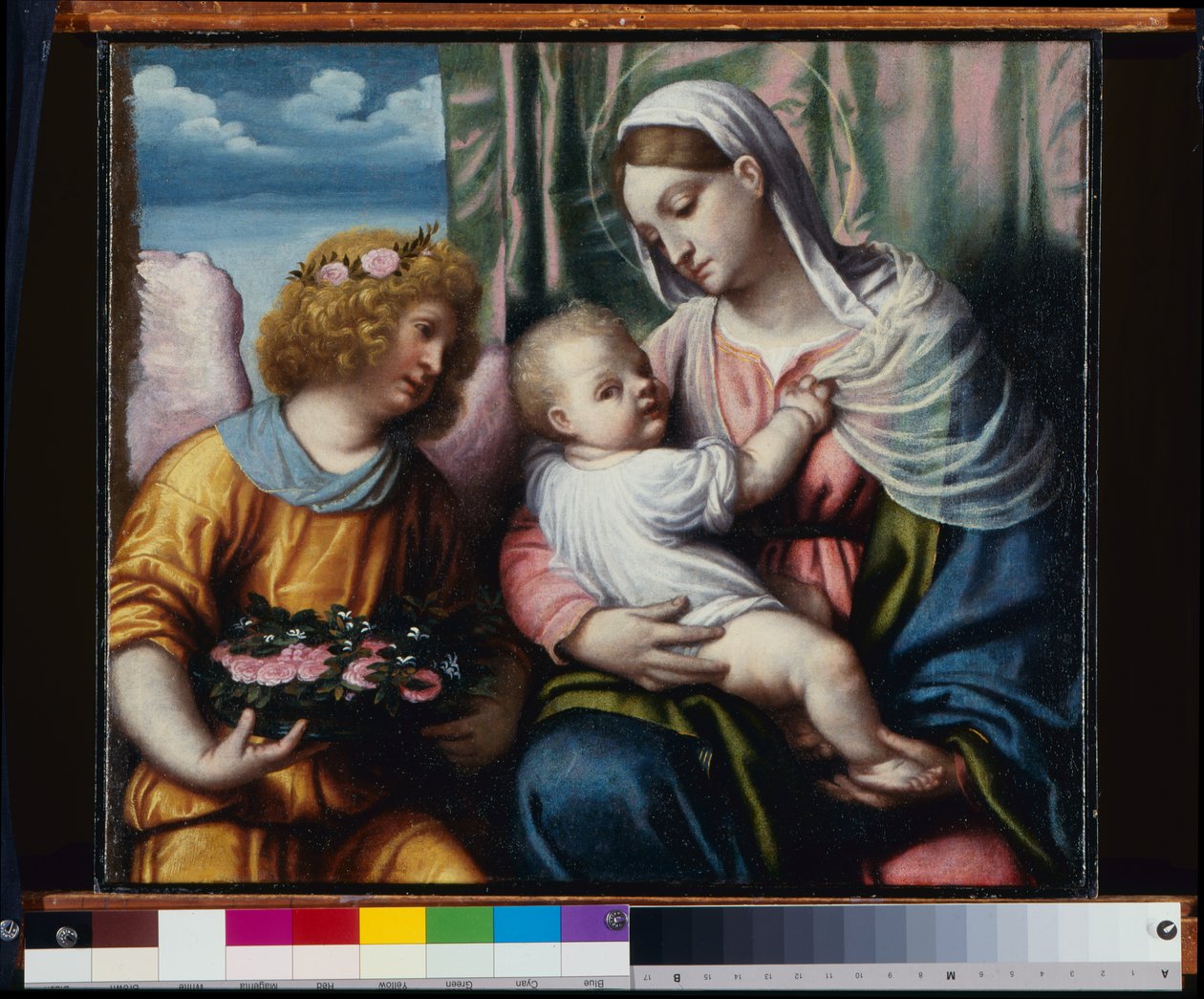 Madonna lapsen ja enkelin kanssa tekijältä Alessandro Bonvicino Moretto
