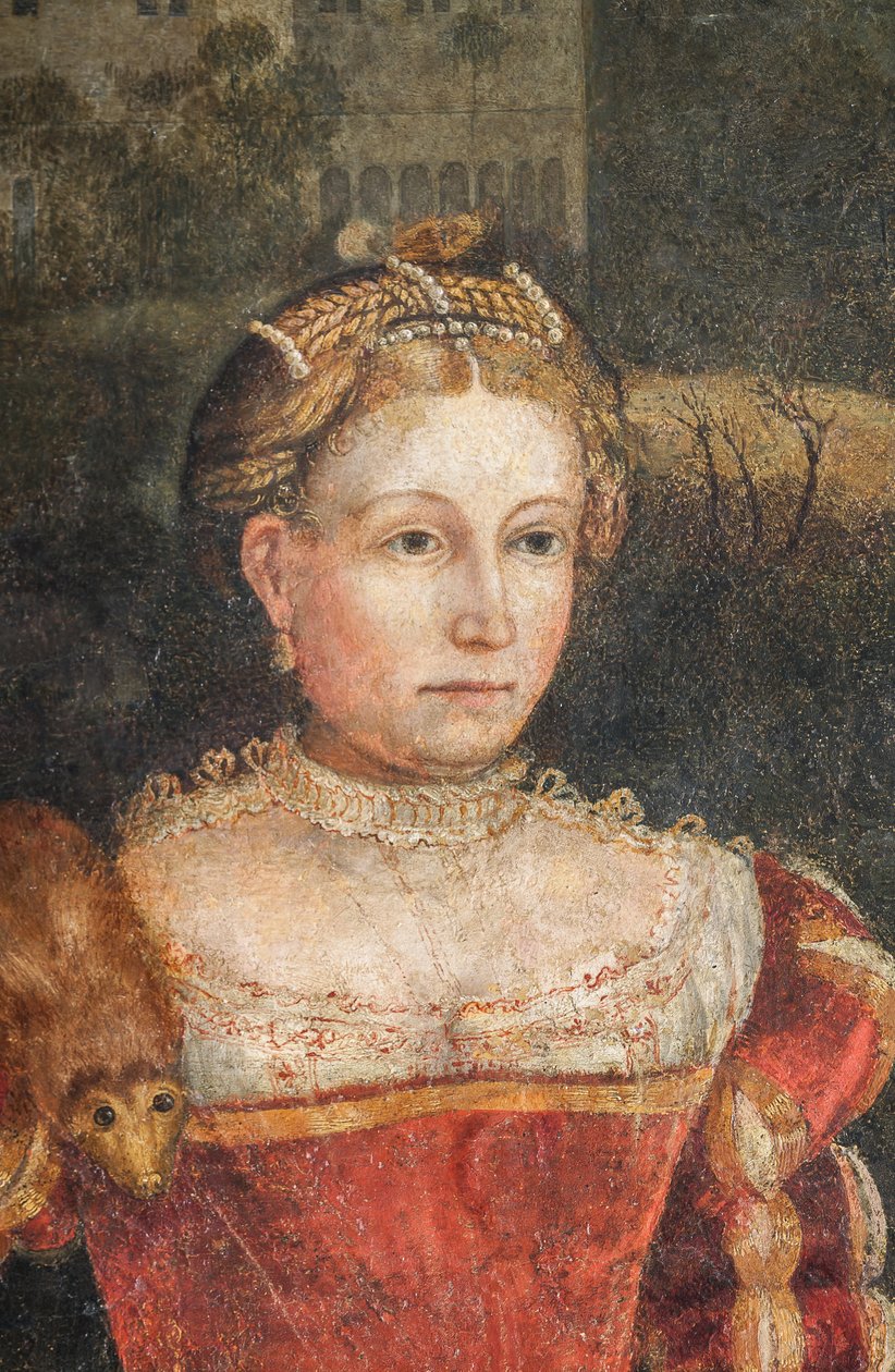 Aatelisen naisen muotokuva, yksityiskohta aatelisnaisten pienestä huoneesta (seinille liimattu öljy kankaalle) tekijältä Alessandro Bonvicino Moretto