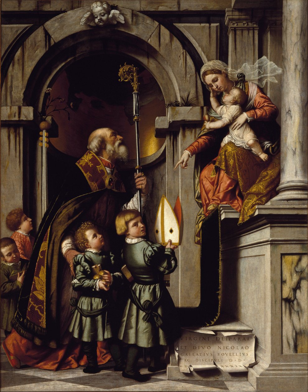 Pyhä Nikolaus Myrasta tai Barista (270-345) esittelee Galeazzo Rovellin oppilaat Neitsyelle lapsen Jeesuksen kanssa valtaistuimella Alessandro Bonvicinon maalaus dit il Moretto (1498-1554) 1500-luvun aurinko. 245x192 cm Brescia, Pinacoteca Tosio Martinengo tekijältä Alessandro Bonvicino Moretto