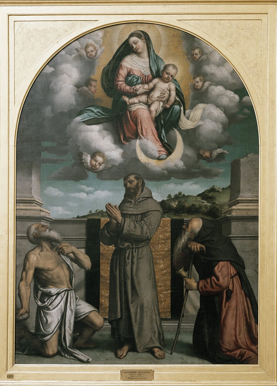Neitsyt ja lapsi kunniassa, Pyhän Hieromuksen, Pyhän Franciscus Assisilaisen ja Pyhän Antoniuksen kanssa (öljy kankaalle, n. 1543) tekijältä Alessandro Bonvicino Moretto