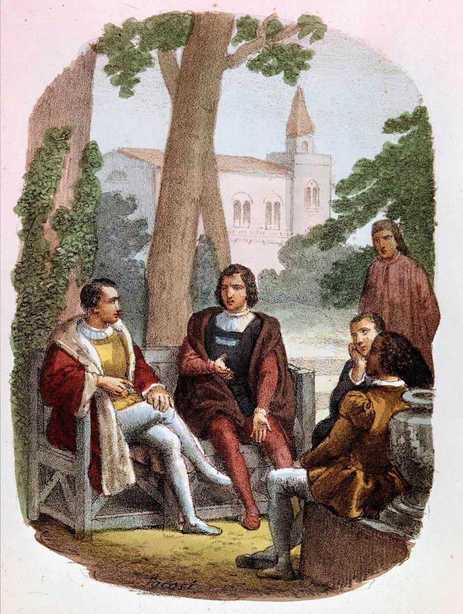 Fabrizio Colonna ja Cosimo Rucellai keskustelevat sodan taiteesta - Alessandro Focosin (1836 - 1869) kuvituksessa "" Complete Works by Niccolo Machiavelli". "The Art of War", kirjoittanut Niccolo di Bernardo dei Machiavelli (Nicolas Machiavel tekijältä Alessandro Focosi