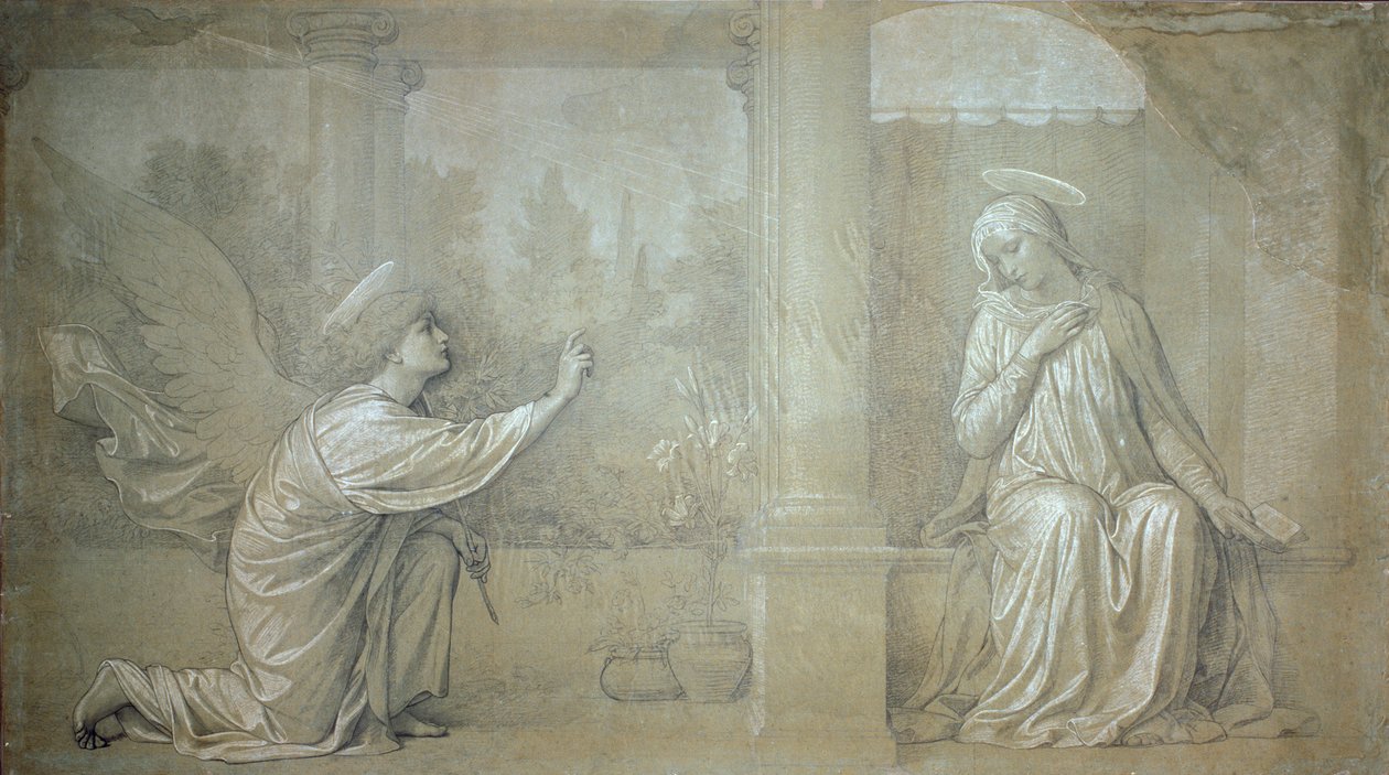 Annunciation, valmistava sarjakuva Cappella Raffo -freskolle Misericordian hautausmaalla, Sienassa tekijältä Alessandro Franchi