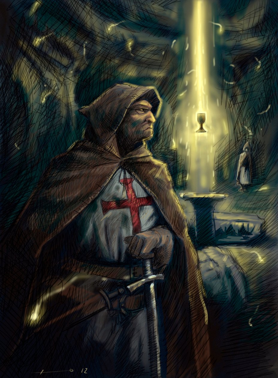 Temppeliritarikunnan ritari (Templar) takanaan Graalin maljan malja. Kuvitus Alessandro Lonati tekijältä Alessandro Lonati