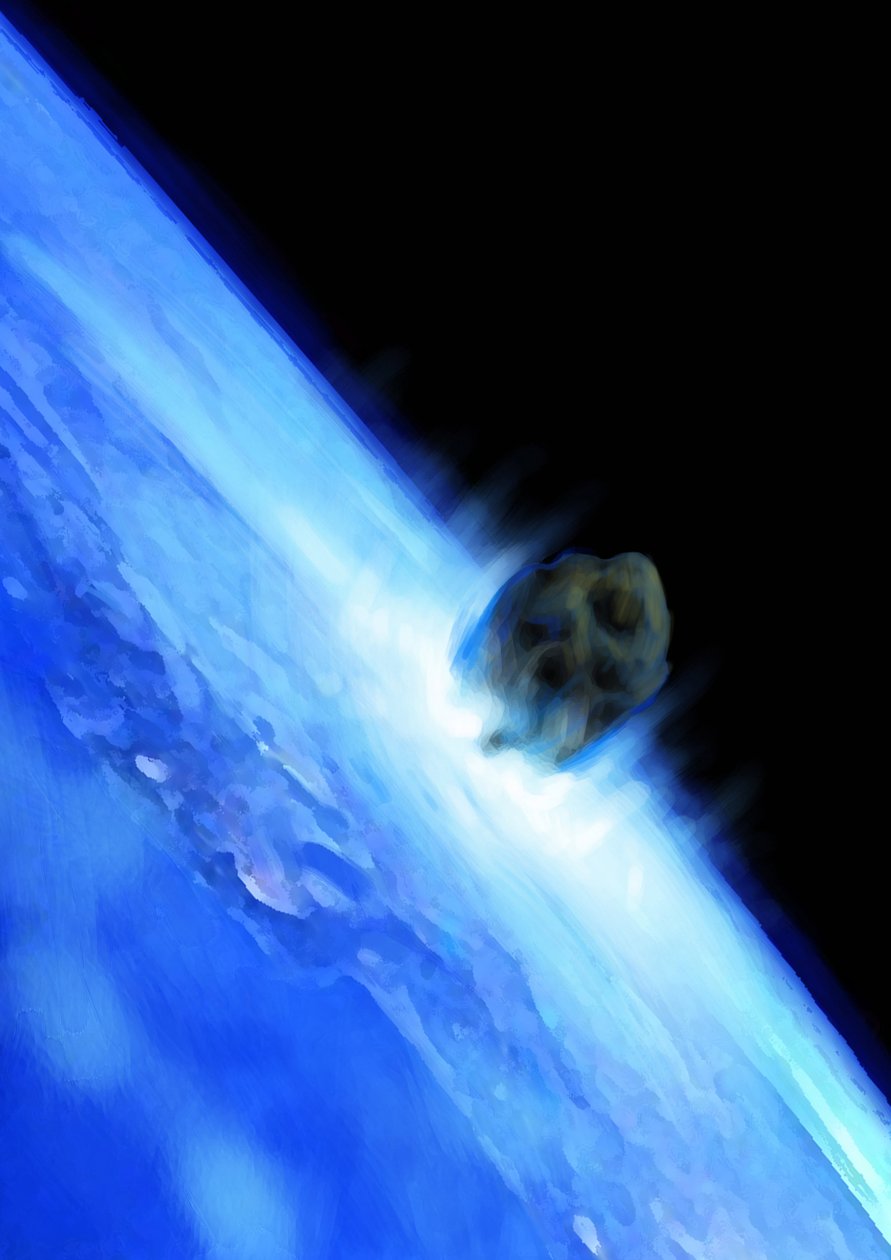 Asteroidi, joka saostuu kohti Maata, maailman loppua. Piirustus Alessandro Lonati. 2012 tekijältä Alessandro Lonati