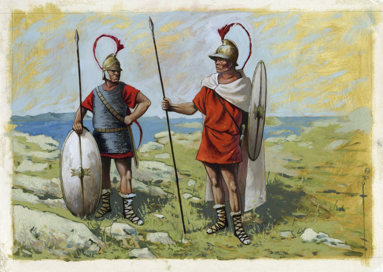 Muinainen Kreikka: tureoforipalkkasoturi (Thureophoros tai Thureophoroi) (3.-1. vuosisadalla eKr.) (oikealla) ja Thorakitit (Thorakitai) (vasemmalla). Piirustus Alessandro Lonati tekijältä Alessandro Lonati
