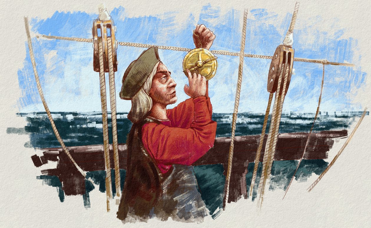 Christopher Columbus laskee reittiä astrolabilla (kuva) tekijältä Alessandro Lonati