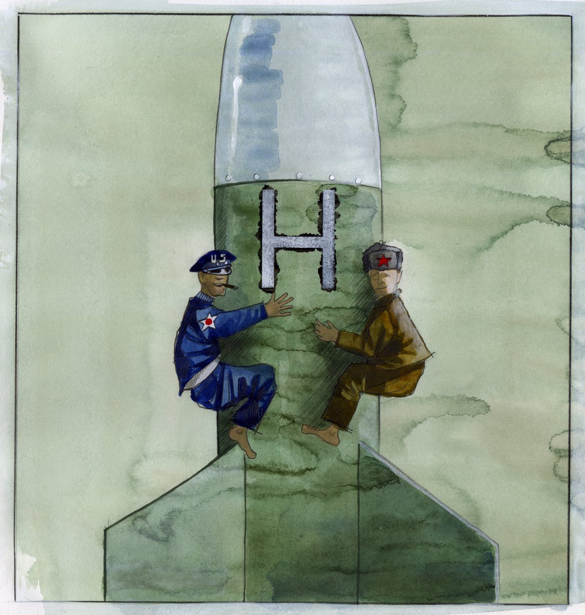Guerra Fria: um oficial americano e um soviético agarrados a um míssil nuclear Ilustração de Alessandro Lonatifinnish tekijältä Alessandro Lonati