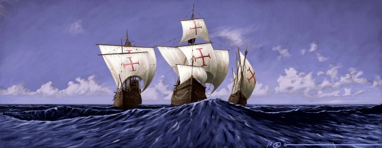 Tutustu Amerikkaan: "Pinta", "Nina" ja "Santa Maria", Christopher Columbuksen karavellit vuoden 1492 retkikunnan aikana. Alesandro Lonatin kuvitus. 2010 tekijältä Alessandro Lonati