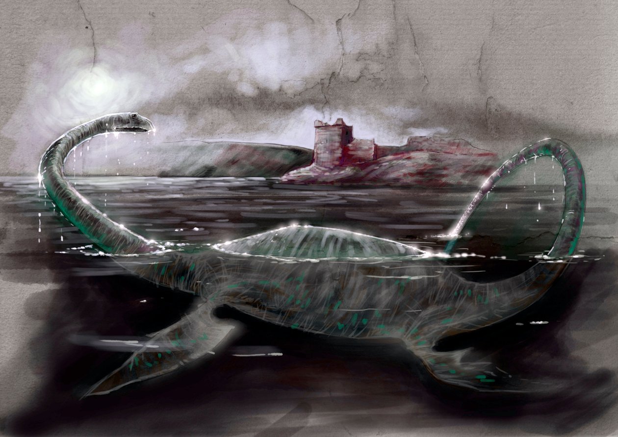 Upeita hirviöitä ja olentoja, kryptozoologia: Nessie, Loch Nessin hirviö Skotlannissa - piirustus Alessandro Lonati, 2012 tekijältä Alessandro Lonati