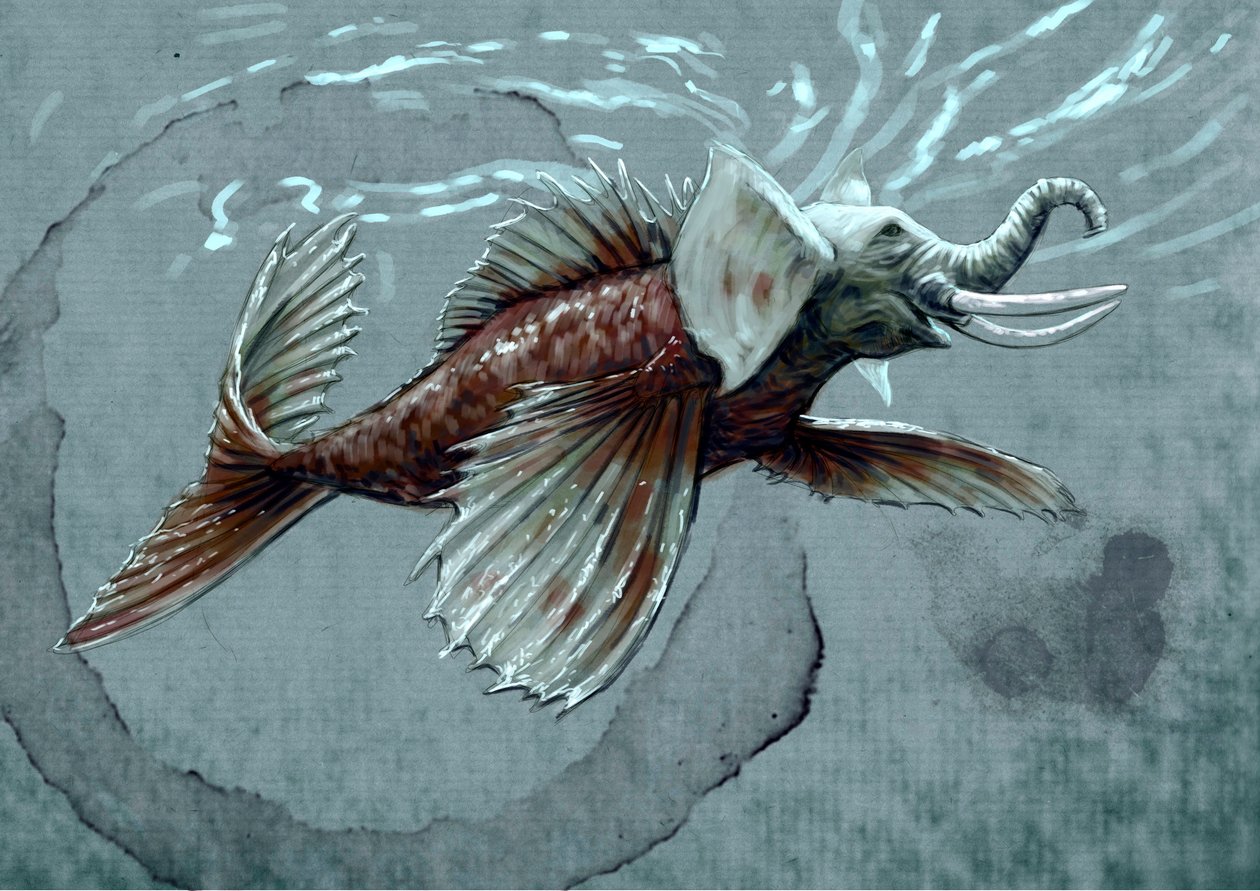 Monstros e criaturas fantásticas, criptozoologia: representação de um makara, animal aquático do bestiário mitológico da Índia, possui uma tromba que o aproxima do elefante marinho, o dente do crocodilo e um rabo de peixe - Desenho de Alessandro Lonfinnish tekijältä Alessandro Lonati