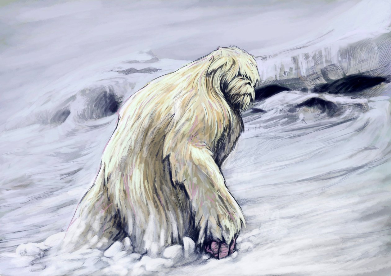 Monstros e criaturas fantásticas, criptozoologia: representação de um yeti ou “abominável homem das neves” criatura antropomórfica do folclore da região do Himalaia tekijältä Alessandro Lonati