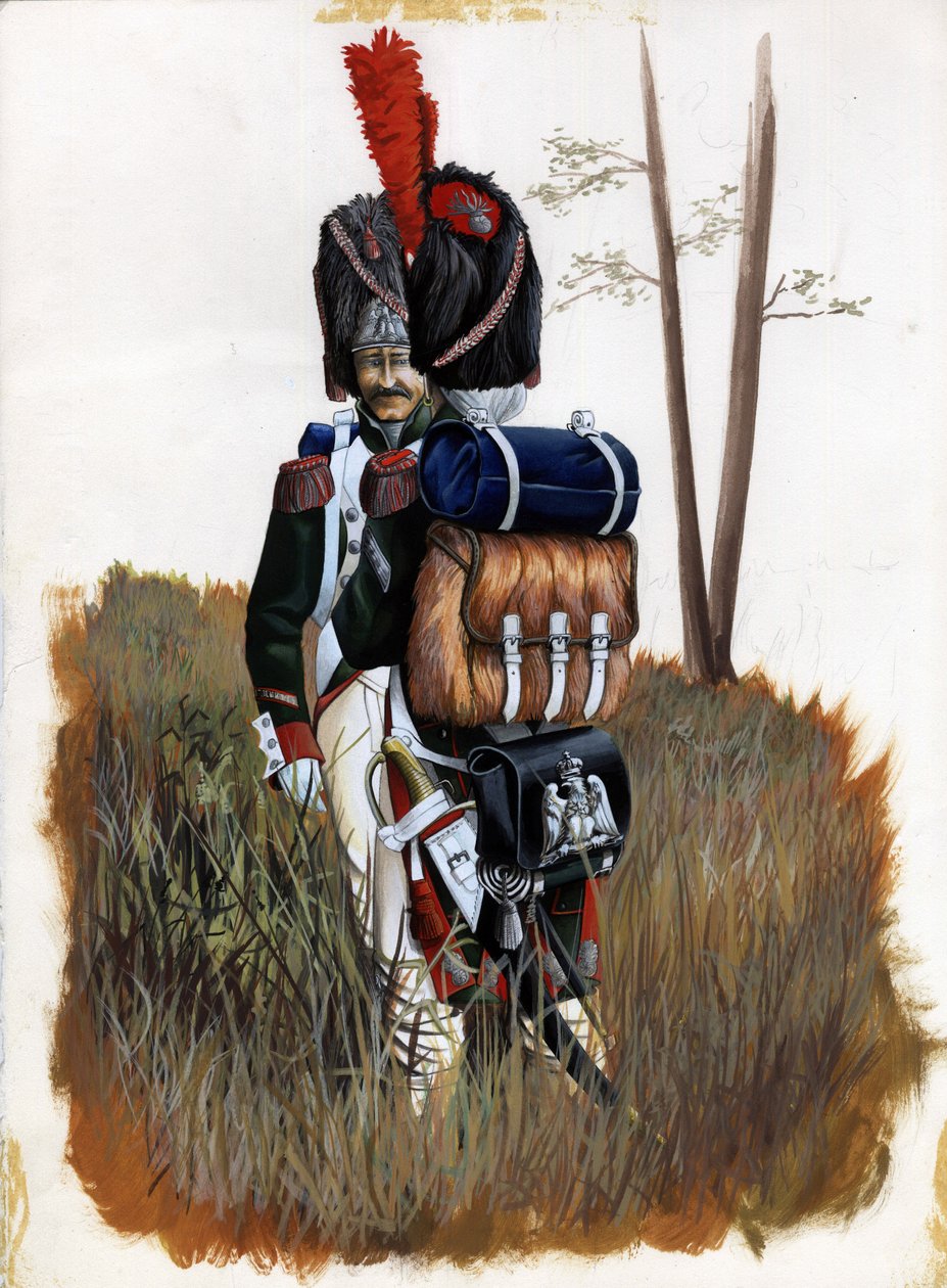 Ensimmäinen valtakunta (1804-1814 ja 1815): Italian Suuren Napoleonin armeen kuninkaallisen kaartin grenadierisotilaat. Piirustus Alessandro Lonati tekijältä Alessandro Lonati