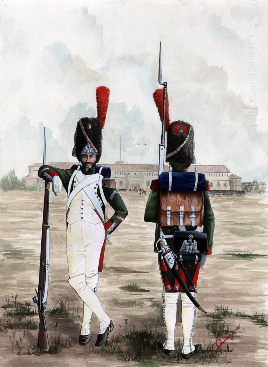 Ensimmäinen valtakunta (1804-1814 ja 1815): Suuren Napoleonin armeen kuninkaallisen kaartin grenadierisotilaat Sforzescon linnan aukiolla Milanossa, Italiassa. Piirustus Alessandro Lonati tekijältä Alessandro Lonati