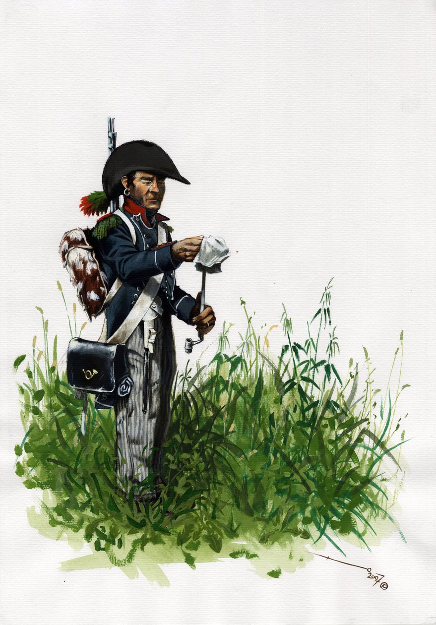 Ensimmäinen valtakunta (1804-1814 ja 1815): Suuren Ranskan Napoleonin armeijan sotilasjalkaväen metsästäjä. Piirustus Alessandro Lonati tekijältä Alessandro Lonati
